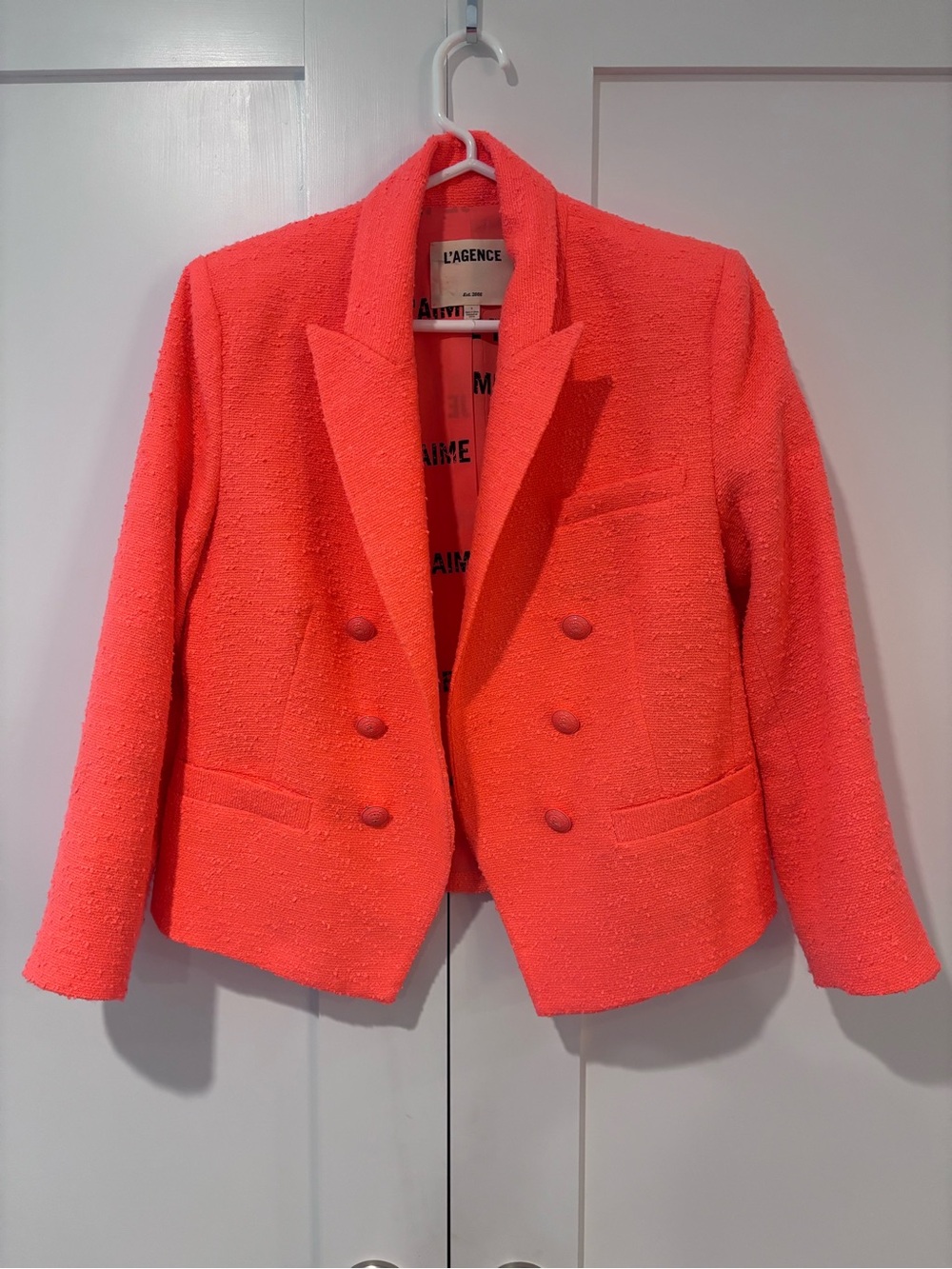 L'AGENCE Bright Orange Double-Breasted Tweed Blazer